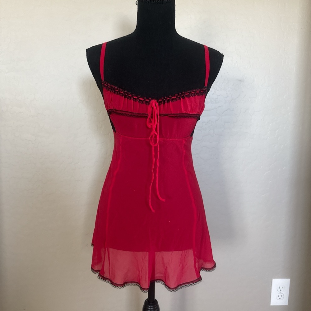 Victoria's Secret Red Sheer Chemise with Black Lace Trim